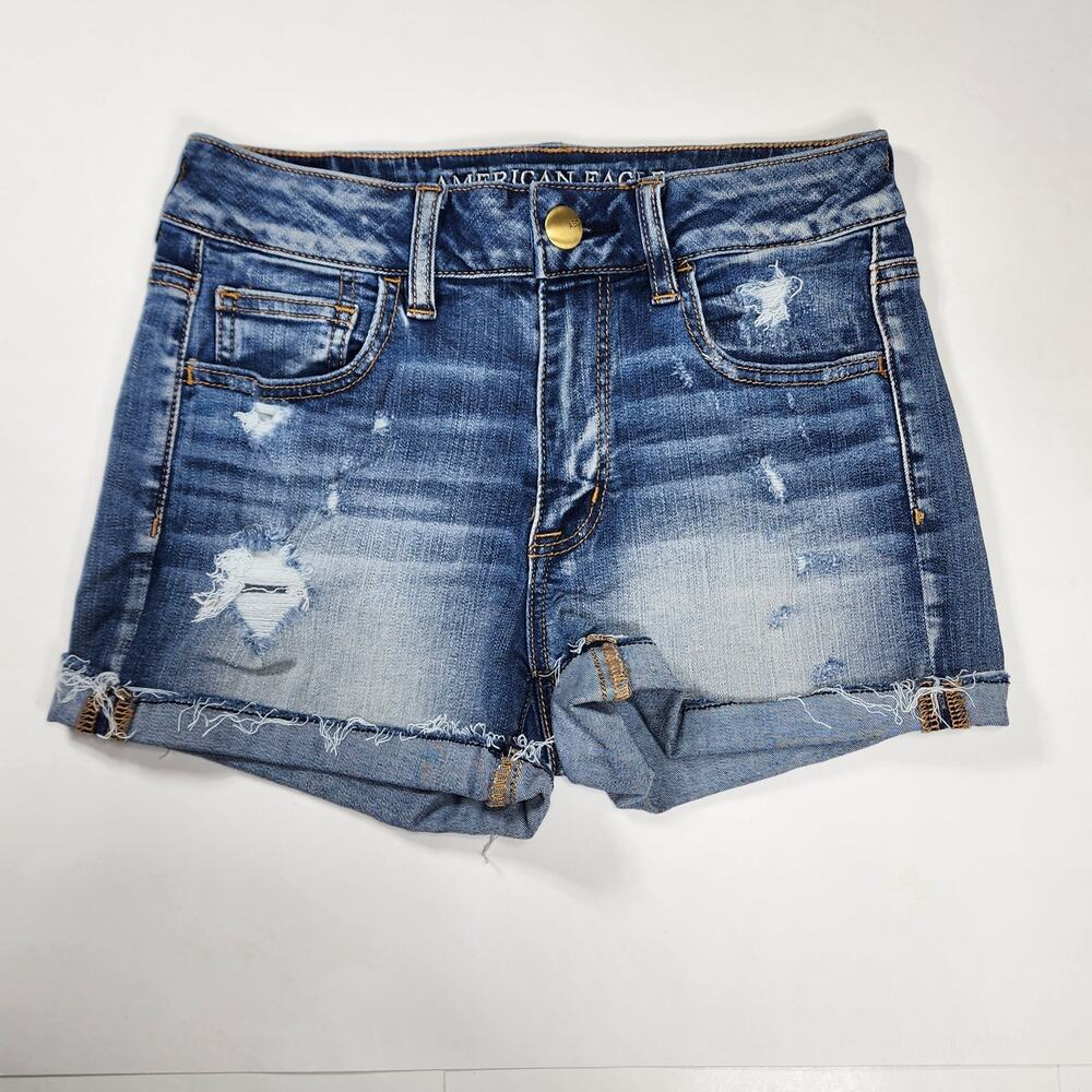 American Eagle Hi Rise Shortie Denim Shorts Women's Size 4 Blue Distressed